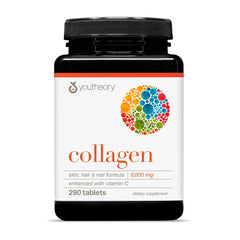 Youtheory Advanced Collagen bottle front shows 6,000 mg potency for joint and hair support.