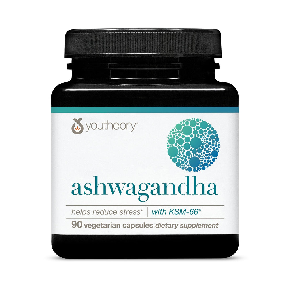 Youtheory Ashwagandha bottle front with organic KSM-66 supports energy and balance.