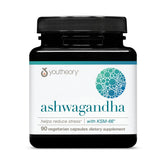 Youtheory Ashwagandha bottle front with organic KSM-66 supports energy and balance.