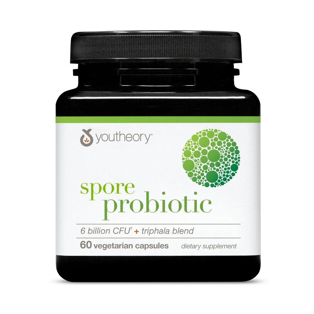 Youtheory Spore Probiotic bottle with 60 vegetarian capsules for gut health.
