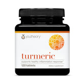 Youtheory Turmeric 450mg bottle with black pepper and olive leaf for enhanced absorption.