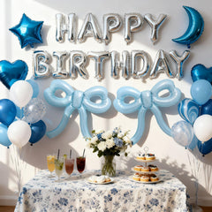 YTHETM blue bow balloon arch display for festive celebrations.