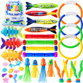 YUJUN 35PCS pool diving toys set with bright fish for easy underwater visibility.