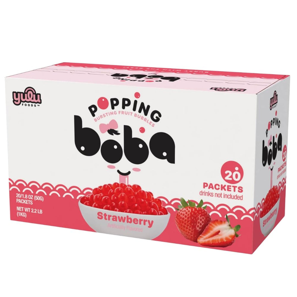YULU FOODS Strawberry popping boba pearls in a resealable pack for easy snacking.