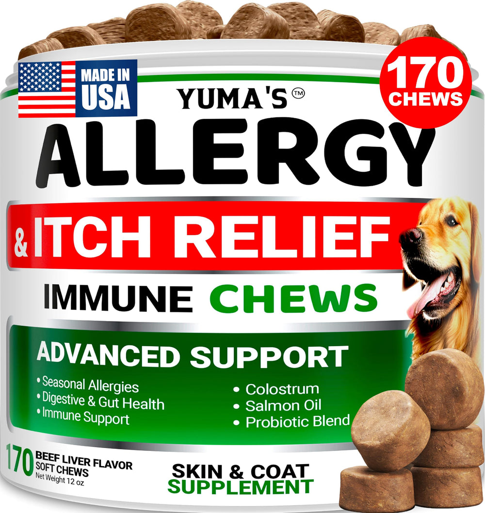 YUMA'S dog allergy relief chews bottle with beef liver flavor and omega-3 benefits.