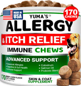 YUMA'S dog allergy relief chews bottle with beef liver flavor and omega-3 benefits.