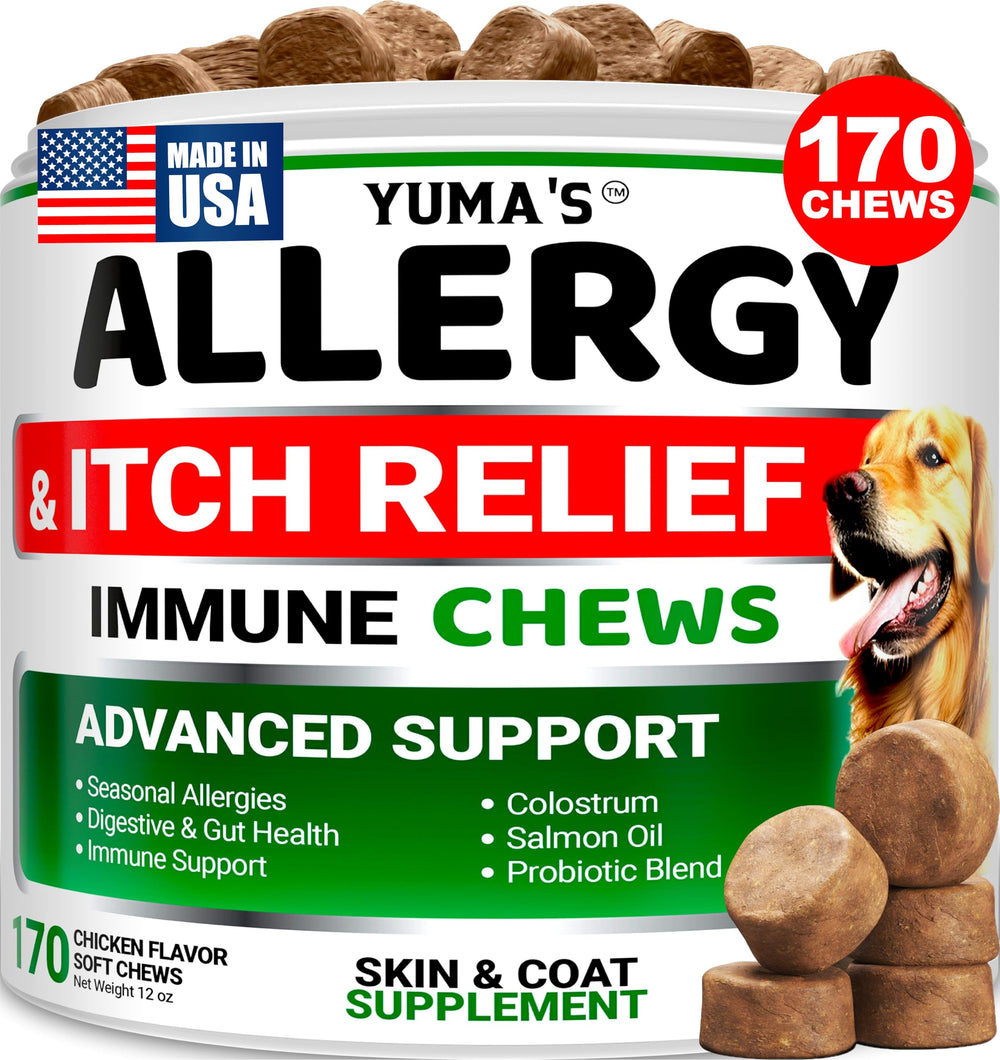 YUMA'S Dog Allergy Relief Chews bottle signals convenient daily immune support.