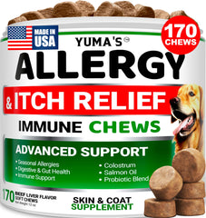 YUMA'S dog allergy relief chews bottle with beef liver flavor and omega-3 benefits.