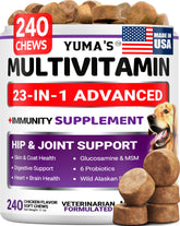 YUMA'S 23-in-1 dog vitamins chews bottle closeup for daily wellness.