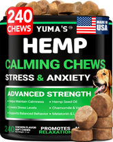YUMA'S Hemp Calming Chews bottle front for dogs easing nerves naturally.