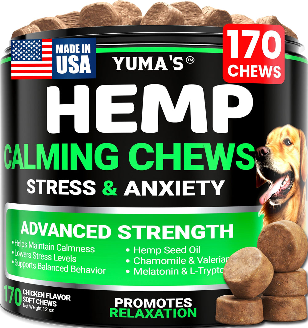 YUMA'S Hemp Calming Chews bottle pour helps dogs feel calmer during stressful events.