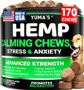 YUMA'S Hemp Calming Chews bottle pour helps dogs feel calmer during stressful events.