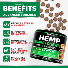 YUMA'S hemp calming chews bottle label highlight natural ingredients.