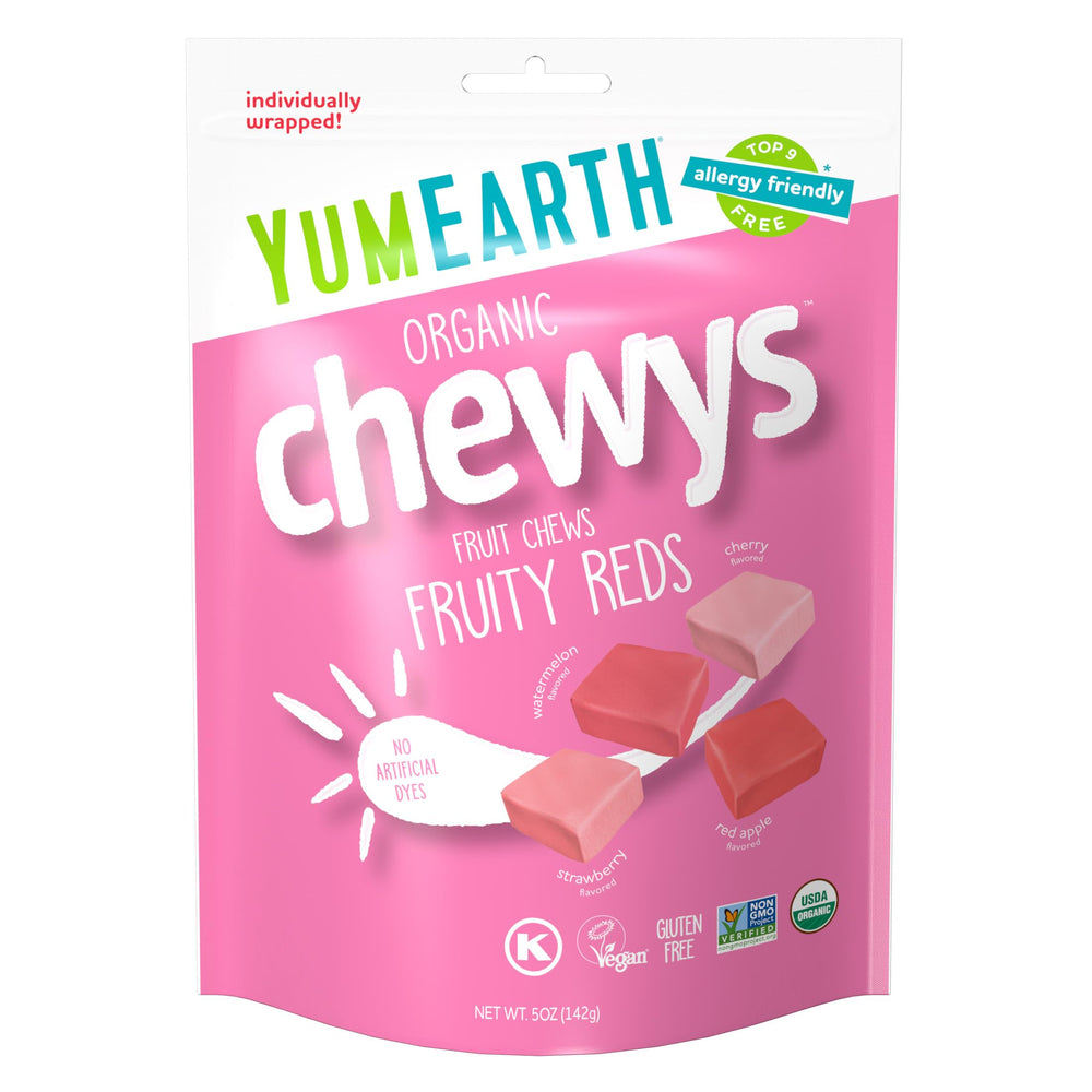 YumEarth Chewys Fruity Reds packaging with resealable bag for easy sharing.