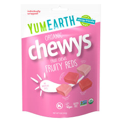 YumEarth Chewys Fruity Reds packaging with resealable bag for easy sharing.