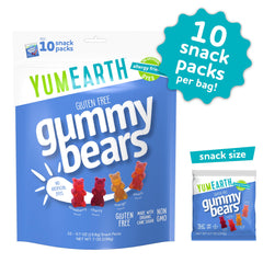YumEarth gummy bears closeup with bright colors from real fruit juices.