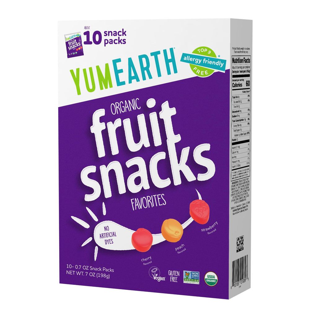 YumEarth fruit snacks box 10-pack on shelf, convenient lunch option.