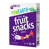 YumEarth fruit snacks box 10-pack on shelf, convenient lunch option.