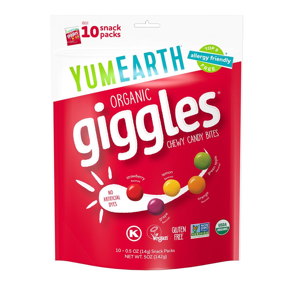 YumEarth Giggles chewy candy pack with assorted flavors for on-the-go snacking.