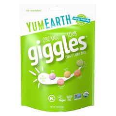 YumEarth gluten-free Sour Giggles candy highlighting allergy-friendly appeal.