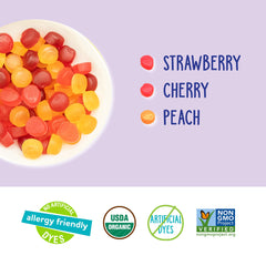 YumEarth no artificial dyes, colors from real fruit and vegetable juices.