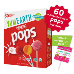 YumEarth Pomegranate pops pack, no artificial dyes, ideal for allergy-friendly snacking.