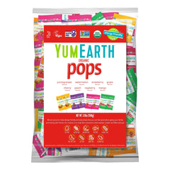 YumEarth Organic Pops Variety Pack bag showing eight fruit flavors for sharing