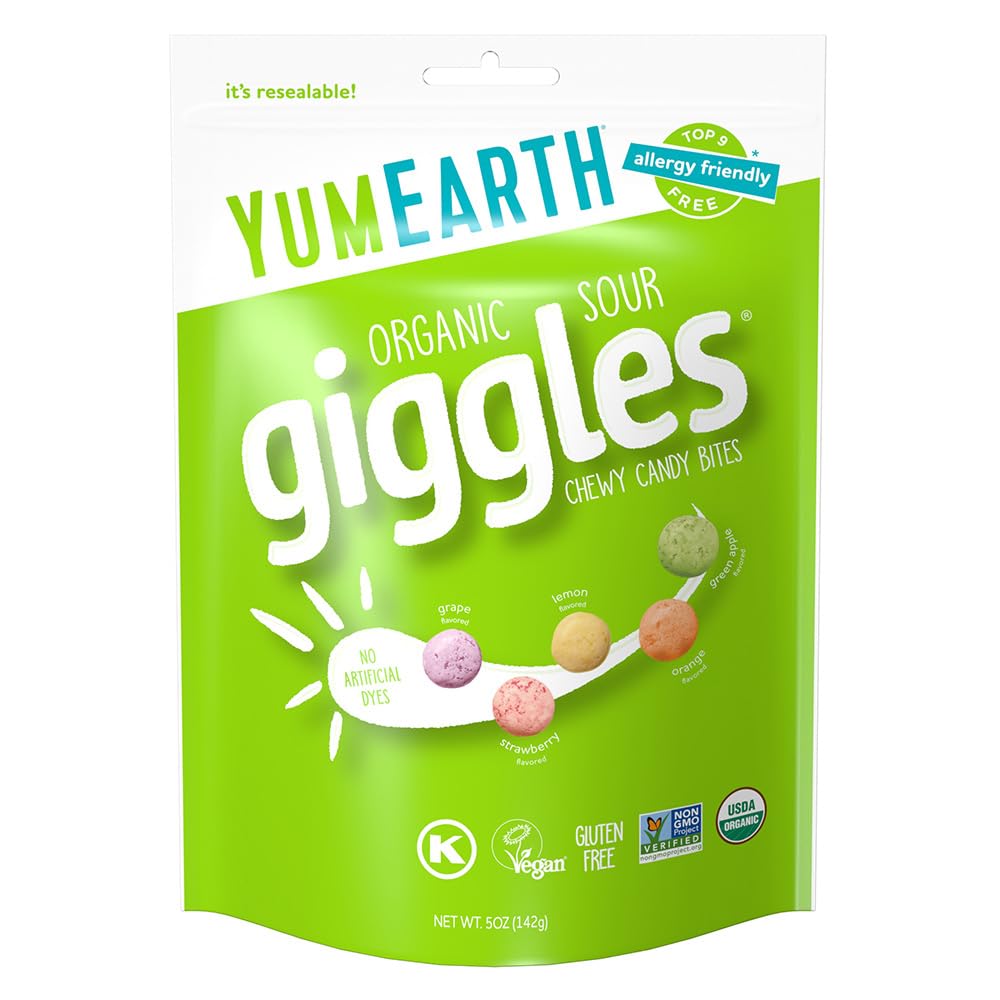 YumEarth Sour Giggles candy bag showing resealable packaging for on-the-go snacking