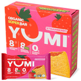 YUMI Organic Breakfast Superbar strawberry pack shot shows gluten-free and no added sugar