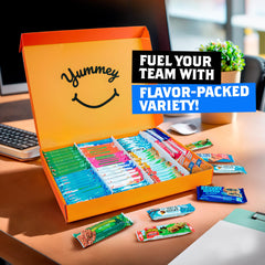 Yummey granola bars shown in office break room setups encouraging quick healthy choices.