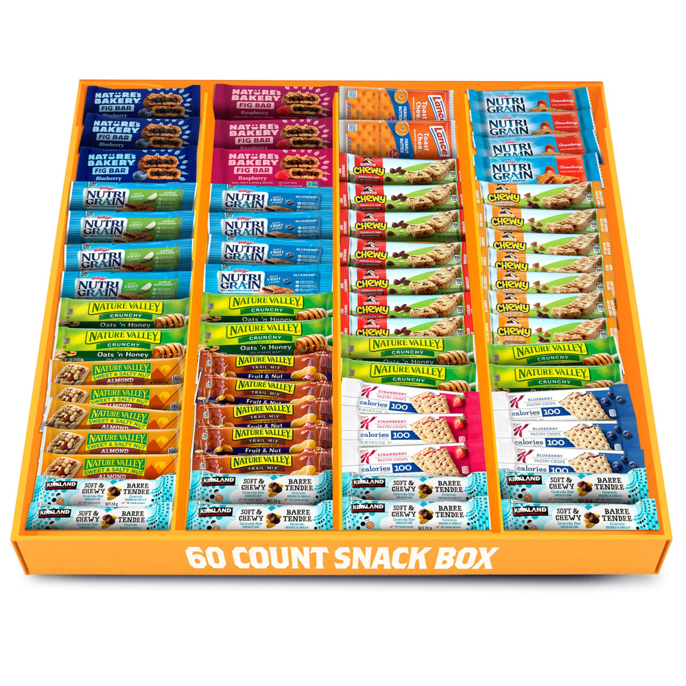 Yummey granola bars variety box shows 60 bars for family snacking on the go.