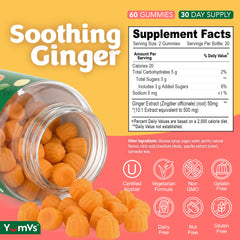 YUM-V'S Ginger Gummies label close-up highlighting natural peach flavor.