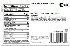 Yupik Milk Chocolate Covered Raisins close-up shows smooth chocolate over chewy raisins