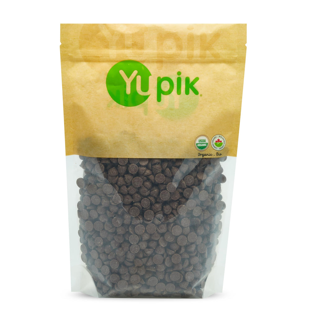 Yupik Organic Dark Chocolate Chips packaging shown for fresh-batch baking and snacking.