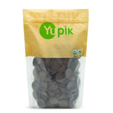 Yupik Organic Dark Chocolate Wafers close-up reveals rich cacao texture.