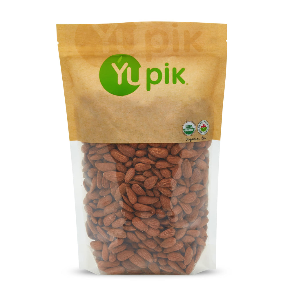 Yupik Organic European Almonds packaging on shelf signals premium organic freshness