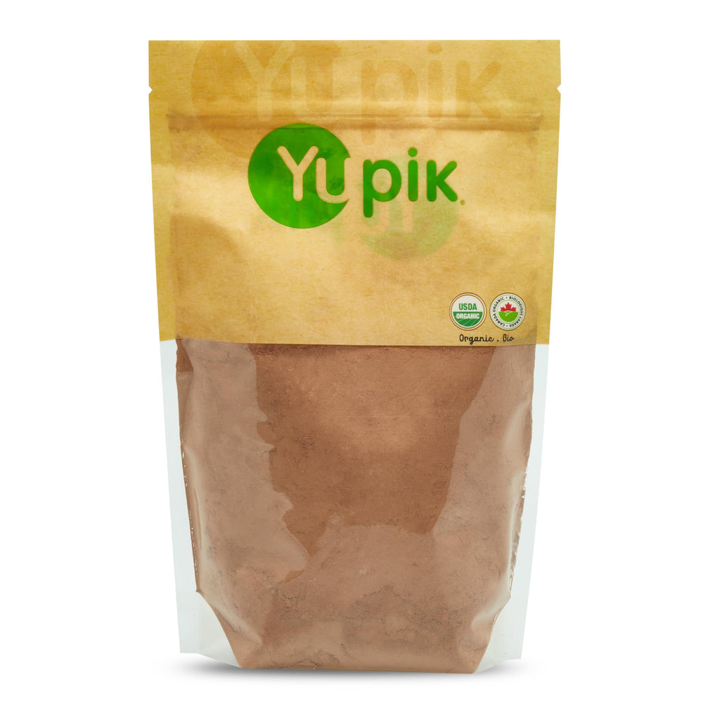 Yupik Organic Raw Cocoa Powder packaging highlighting unsweetened, gluten-free baking versatility.