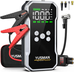 YUSMAN jump starter front view shows a compact all‑in‑one emergency tool for vehicles.
