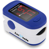 Zacurate 500BL fingertip pulse oximeter navy front view with clear LED readout.