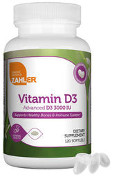 Zahler D3 3000 IU softgels bottle front for daily bone and immune support.
