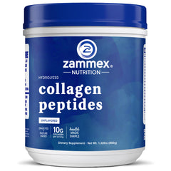 Zammex collagen powder tub front highlighting premium Type I & III formula for skin and joints