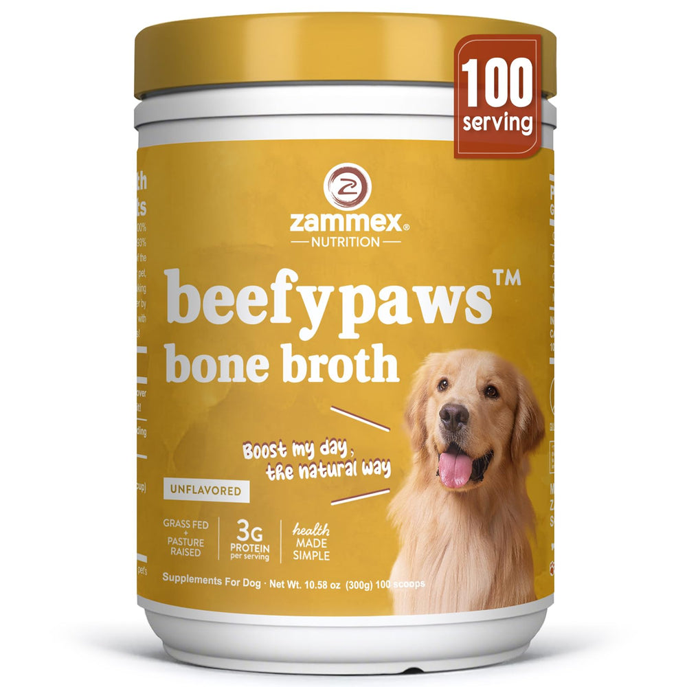 Zammex bone broth powder jar for dogs and cats, ready to top meals