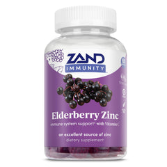 ZAND Elderberry Zinc Immunity Gummies bottle on countertop, convenient daily support for families.