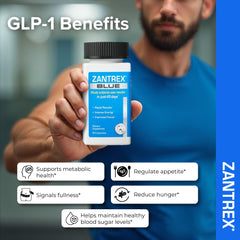 Zantrex Blue bottle pour showing convenient on-the-go energy support