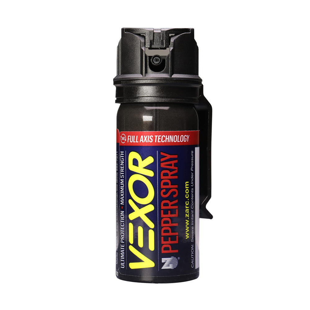 Zarc Vexor pepper spray with belt clip ready for quick access.