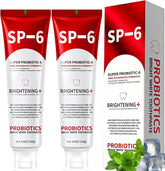 Zaucet SP-6 probiotic toothpaste bottle highlighting enamel-safe whitening and fresh mint aroma