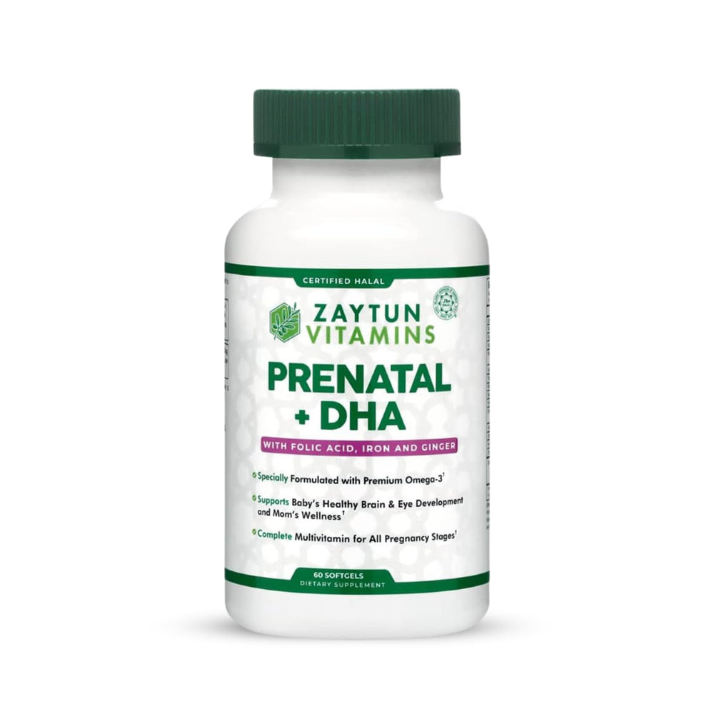 Zaytun Halal Prenatal DHA softgel bottle for daily essential nutrients during pregnancy.