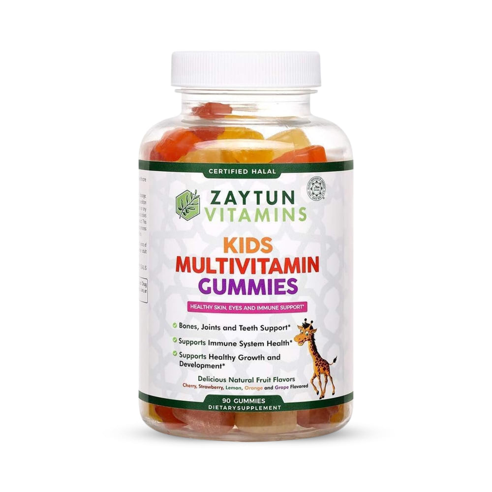 Zaytun Kids Multivitamin Gummies bottle shows bright fruit flavors for daily vitamins.