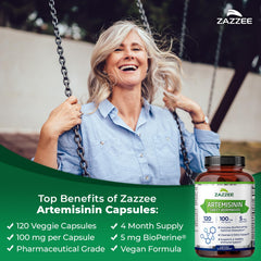 Close-up of Zazzee Artemisinin capsules showing 100 mg dose.