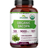 Zazzee Bacopa 30:1 extract label with 50% bacosides and organic certification.